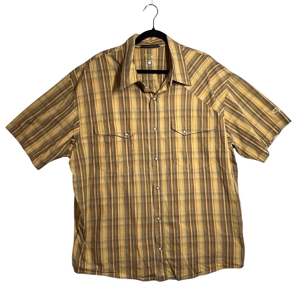 MOUNTAIN HARDWEAR Shirt Men XXL Yellow Plaid Organic Cotton Short Sleeve Hiking
